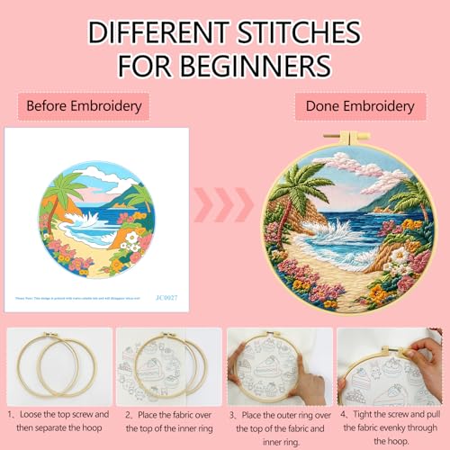 Zhenqing Beach Landscape Embroidery Kit, Seaside Floral Craft Set with 20cm Hoop, Printed Design on 29x29cm Cotton Fabric, DIY Coastal Wall Art (JC0027)