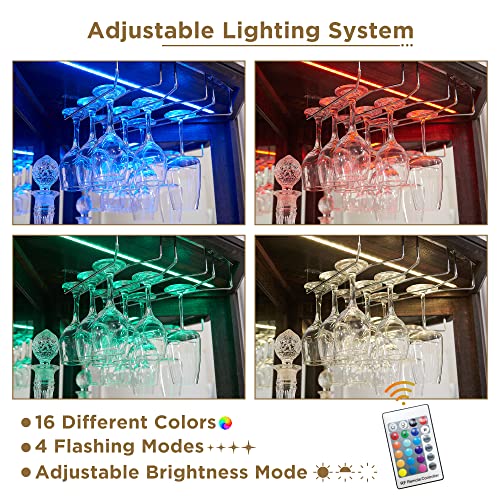 OKD Corner Bar Storage Cabinet, 72" Tall Farmhouse Wine Bar Cabinet w/Barn Door & Adjustable Shelf, Home Bar Cabinet w/LED Light & Glass Rack for Dining Room, Living Room, Kitchen, Dark Rustic Oak OKD