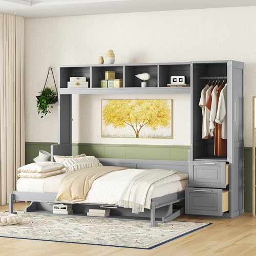 Ball & Cast Murphy Bed Queen Size Wall Beds with Closet and Storage Drawers,Wood Hideaway Platform Bedframe w/Lock,can be Folded,Easy Assembly,for Kids Bedroom,Student Dorms,Gray Ball & Cast