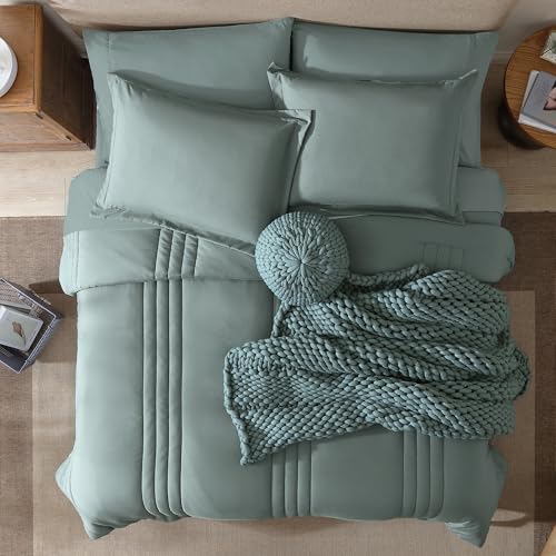 Monbix Queen Comforter Set - 7 Pieces Sage Green Bed in a Bag Queen Bedding Sets with Comforters, All Seasons Comforter Bed Set with Sheets,Pillowcases & Shams Monbix