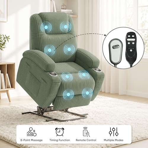Flamaker Power Lift Chair Massage Recliner Chairs for Elderly, Corduroy Ergonomic Design with Cup Holders & Side Pockets, Remote Control (Green)