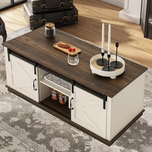 UPOSOJA Farmhouse Coffee Table for Living Room with Storage & 4 Sliding Barn Doors, Adjustable Shelves, Modern Rectangular Rustic Living Room, Meeting Room, Hall Coffee Tables (White+Brown) UPOSOJA