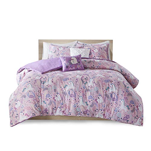 Intelligent Design Kids Cotton Duvet Set Vibrant Fun and Playful Print All Season Comforter Cover Matching Shams, Decorative Pillow, Children Bedding, Bedroom Décor, Full/Queen, Unicorn Pink 5 Piece Intelligent Design