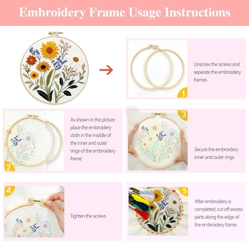 Zhenqing Sunflower and Daisy Embroidery Kit for Beginners, Rustic Floral Craft Set with 20cm Hoop, Printed Pattern on 29x29cm Cotton Fabric, DIY Garden Wall Art (C0127)