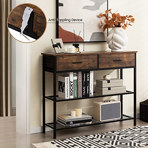Giantex 39.5” Console Table with Storage Drawer - Entryway Table with 2 Drawers, 2-Tier Shelves, Anti-Toppling Design, Metal Frame, Sofa Side Table for Hallway, Living Room Entry Table (Brown) Giantex