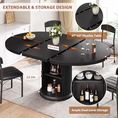 Jocoevol 47β³β63β³ Extendable Round Dining Table for 4β8 with Dust-Proof 2-Tier Storage Shelf Space Saving Expandable Wood Oval Circle Dinner Furniture with Pedestal Base (Black) Jocoevol