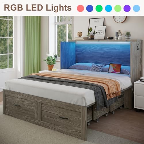 KCGKCG Full Size Murphy Bed with Storage & Charging Station, Murphy Cabinet Bed with Large Drawer for Guest Bedroom, Living Room, Office or Small Room, Full Foldable Platform Bed (Grey, Full) KCGKCG