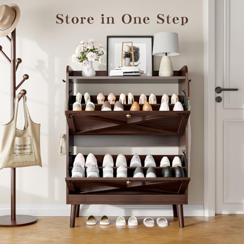 Wanfuder Shoe Storage Cabinet with 2 Flip Drawers & Adjustable Shelves,Narrow Shoe Cabinet Storage with Doors Side Hooks Wooden Shoe Rack Cabinet for Entryway,Hallway,Rustic Brown Wanfuder