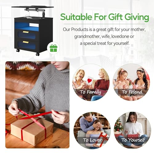 HNEBC Nightstand with Wireless Charging Station, LED Nightstand Has Adjustable Rotary Workstation,Smart Night Stand with 2 Drawers,Modern Bedside Table for Bedroom, Sensor Light/Wheel (Black) HNEBC