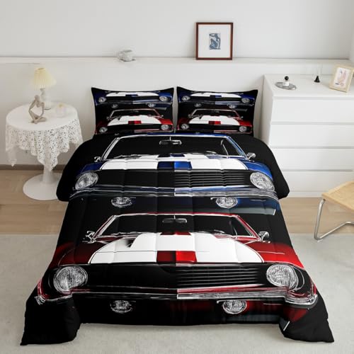 Classic Race Car Comforter Set - Retro Vehicles Theme Bedding with 1 Comforter and 1 Pillow Case - Twin Size Erosebridal