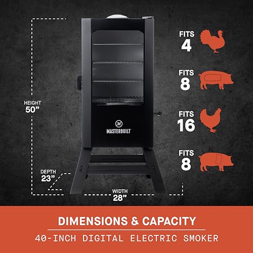 Masterbuilt® 40-inch Digital Electric Vertical BBQ Smoker with Leg Kit, Side Wood Chip Loader and 970 Cooking Square Inches in Black, Model MB20070122 Masterbuilt
