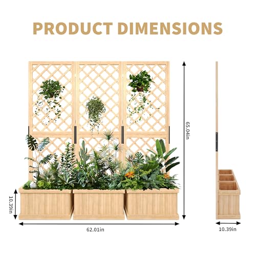 GarveeLife Cedar Privacy Screen with Planter Box - 3-Panel Freestanding Garden Fence, 62 in x10 in x65 in Tall Outdoor Divider with Drain Holes & Raised Bed for Patio, Deck & Backyard (Natural Wood) GarveeLife