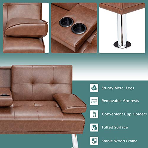 Giantex Convertible Futon Sofa Bed, Faux Leather Sectional Couch Sleeper, Removable Armrests 2 Cup Holders Backrest Adjustable, Upholstered Small Guest Bed for Apartment Living Room Brown Giantex