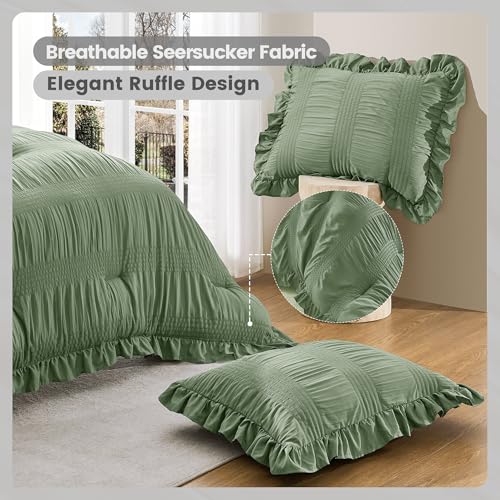 QUIETSEA Twin Comforter Set Seersucker 5 Pieces Luxury Ruffle Bed in a Bag Twin Size for All Season Green Bedding Set with Comforter, Pillowcase, Flat Sheet, Fitted Sheet and Pillow Sham QUIETSEA