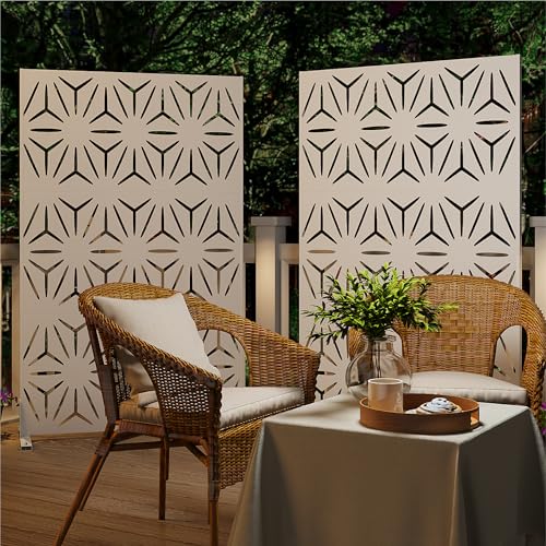 Heavy-Duty Outdoor Privacy Screen for Patio, Balcony, Backyard - 72" H * 44" W Metal Room Divider with Modern Geometric Pattern, Anti-Tipping Kit, Weather Resistant, Easy Assembly (White-SJX) QINPTWUT