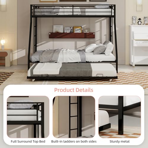 AiHMEi Twin XL Over Queen Bunk Bed with Trundle, Heavy Duty Metal Bunk Bed Frame with 2 Ladders and Full-Length Guardrail, Space-Saving Bunk Beds for Kids Teens Adults, No Box Spring Needed, Black AiHMEi