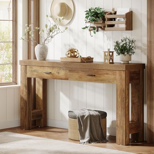 Tribesigns 63" Console Table, Farmhouse Entryway Table with 2 Drawers and H-Shaped Sturdy Legs for Hallway, Living Room, MDF, Light Brown Tribesigns