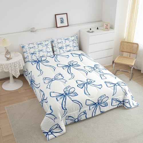 Feelyou Blue Bow Bedding Set Cute Bowknot Comforter Set for Kids Boys Girls Teens Room Decor Princess Comforter Twin Size Girly Kawaii Duvet Set 2Pcs Feelyou