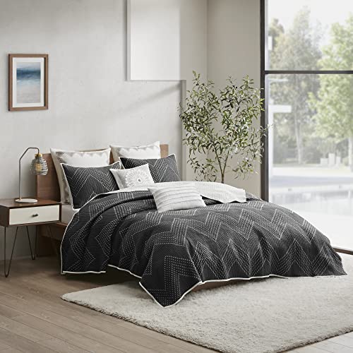 Ink+Ivy Reversible Cotton Quilt Set - Trendy Chevron Design Summer Cover Breathable Coverlet, Lightweight All Season Bedding Layer for Winter, Matching Shams, Full/Queen(88"x92"), Black 3 Piece INK+IVY
