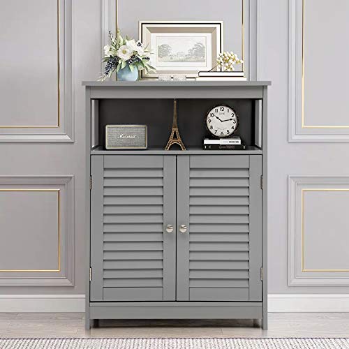 Tangkula Grey Freestanding Bathroom Storage Cabinet with Double Shutter Doors and Adjustable Shelf Tangkula
