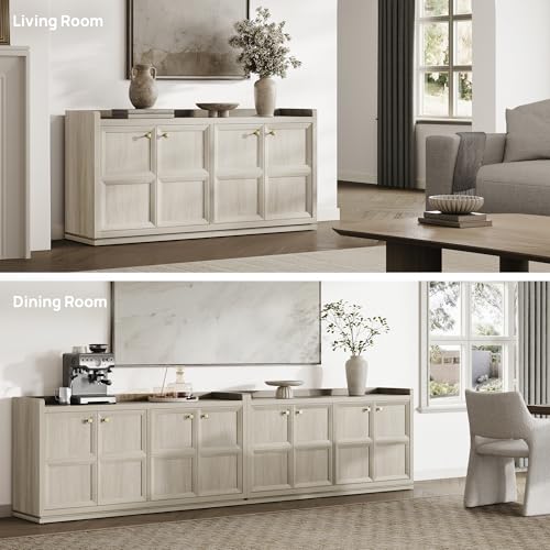 SICOTAS 4-Door Buffet Cabinet for Living Room - 61.7" Extra Long Sideboard with Storage & Adjustable Shelves Modern Credenza Accent Coffee Bar Storage Cabinet for Kitchen, Hallway, White Oak, 1 PCS SICOTAS