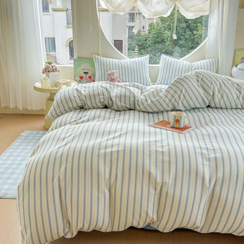 BlueBlue Stripe Duvet Cover Set Twin 100% Cotton Soft Lightweight Gauze Bedding Blue Line Stripes on White 1 Abstract Geometric Comforter Cover 2 Pillowcases (Twin) BlueBlue