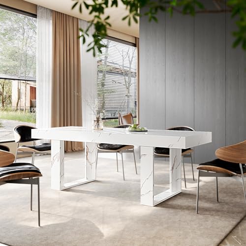 STHOUYN White Marble Extendable Dining Room Table for 8 10, 70.9" (86.6") x 31.5", Rectangle Dinner Table for 6-10, Modern Expandable Retractable Kitchen Table (White) STHOUYN