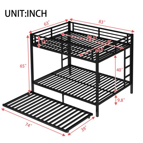 Metal Bunk Bed with Trundle Bed, Queen Over Queen Bunk Bed Frame with 2 Side Ladder and Thicker Legs, Black Bellemave