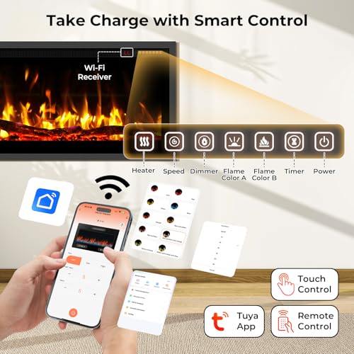 Eueiriup 50" Smart WiFi Electric Fireplace Narrow Bezel in Wall Recessed & Wall Mounted Fireplace Heater with App, Remote Control, Log Flame Option, 750/1500W for Indoor Used Heater Eueiriup