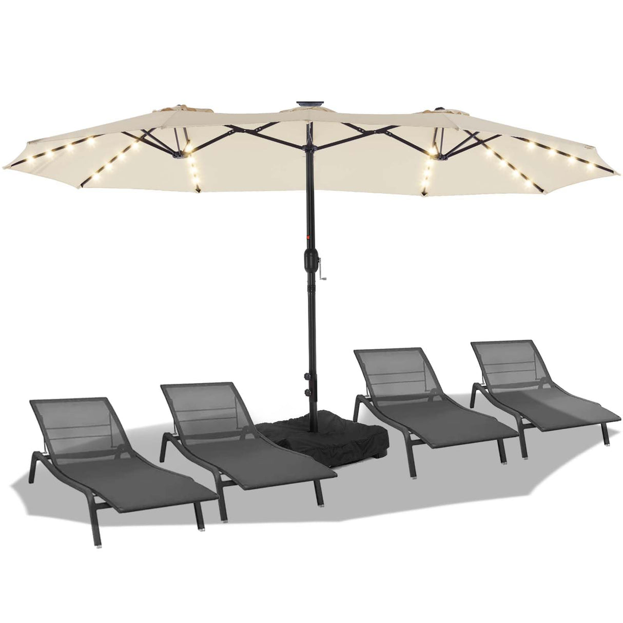 BLUU 15FT Solar LED Patio Umbrella with Base,Outdoor Double-Sided Umbrella with Crank Handle, Powerful UV Protective, for Pool Lawn Garden,Beige BLUU