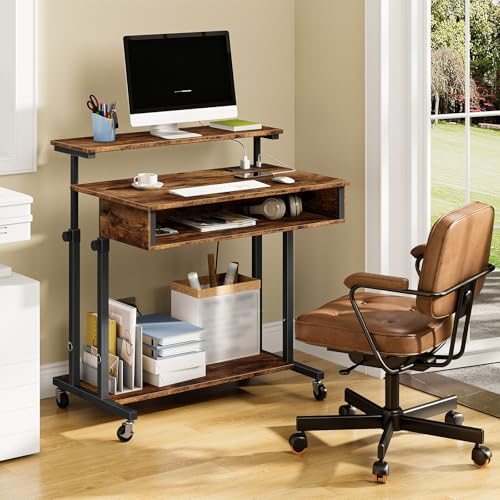 CHOEZON Computer Desk, Standing Desk on Wheels, Rolling Desk with Charging Station, Height-Adjustable Laptop Desk, for Living Room, Home Office, Rustic Brown and Black TDN08UBF CHOEZON
