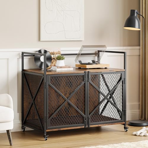 41 Inch Dog Crate Furniture, Heavy Duty Dog Kennel Table with 360° Swivel Wheels, Double Doors, 4 Latches, Vintage Farmhouse Dog House End Table for Large, Medium and Small Dogs, Brown Hipicute