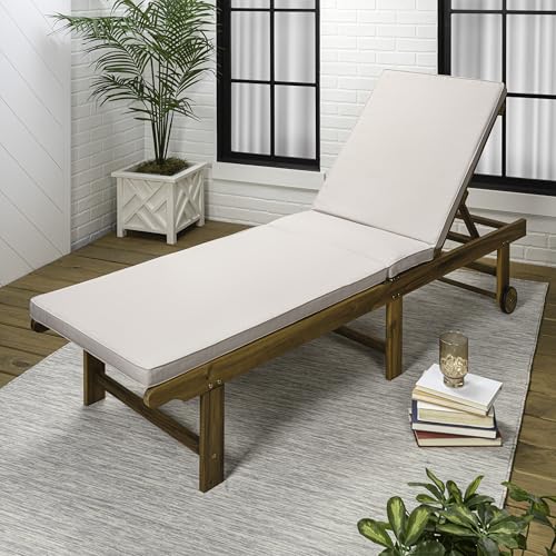 JONATHAN Y LNG1102A Mallorca 77.17"x23.62" Modern Classic Foldable Adjustable Wood Chaise Outdoor Lounge Chair with Cushion & Wheels, for Pool, Deck, Poolside, Beige/Natural