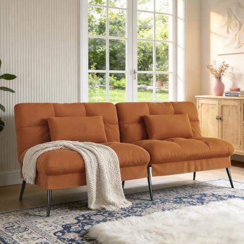 COMHOMA 72″Futon Sofa Bed,Modern Convertible Sleeper Sofa, Fabric Futon Couch with Multi-Position Backrest for Living Room Furniture (Brown) COMHOMA