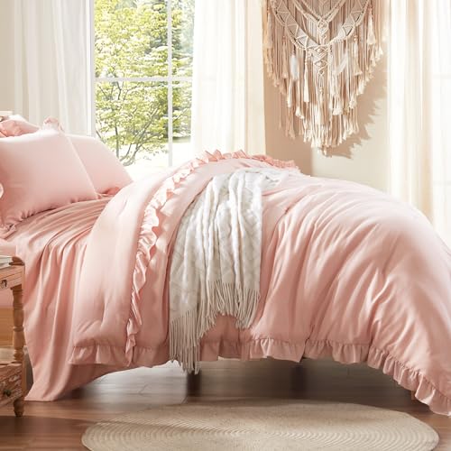 Anluoer Twin Comforter Set 5 Piece, Pink Bed in a Bag with Sheets, All Season Ruffle Shabby Chic Bedding Sets with 1 Comforter, 1 Pillow Sham, 1 Pillowcase, 1 Fitted Sheet Anluoer