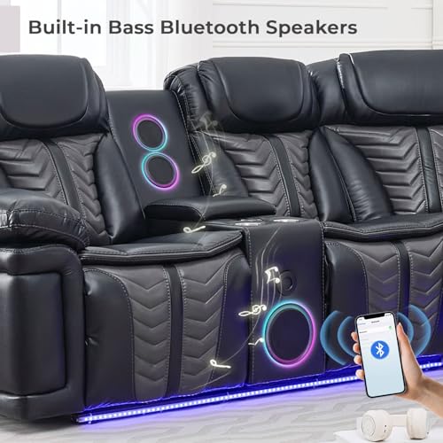 Power Electric Recliner Sectional Sofa Couch with Bass Speakers for Living Room, Faux Leather Sectional Reclining Corner Couches Sets with LED Lights, Home Theater Sectionals with Recliners, Black