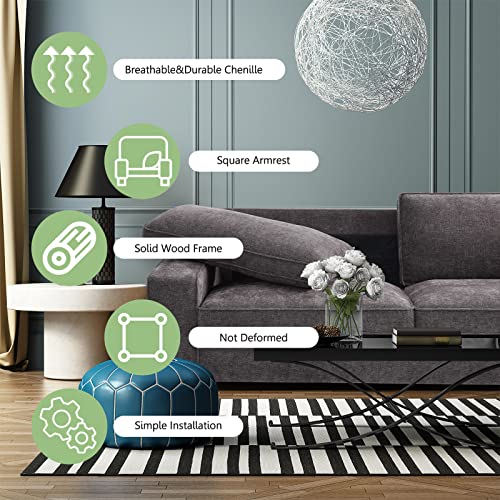 LEISLAND 88.58" Modern Sofas Couches for Living Room, Chenille Deep Seat Sofas & couches with Metal, Removable Low-Back Sofa Cushion and Detachable Sofa Cover/Easy to Install(Dark Grey) LEISLAND