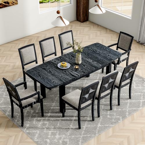 Merax 9 Pieces Dining Table Set, Rustic Extendable 84inch Dining Table Set with 24inch Removable Leaf, 6 Upholstered Armless Dining Chairs and 2 Padded Arm Chairs, Black+Gray Cushion Merax