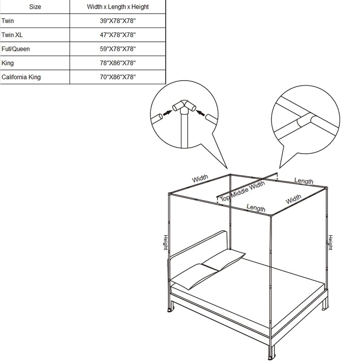 KingKara Canopy Bed Netting Stainless Steel Frame/Post Full/Queen Size KingKara