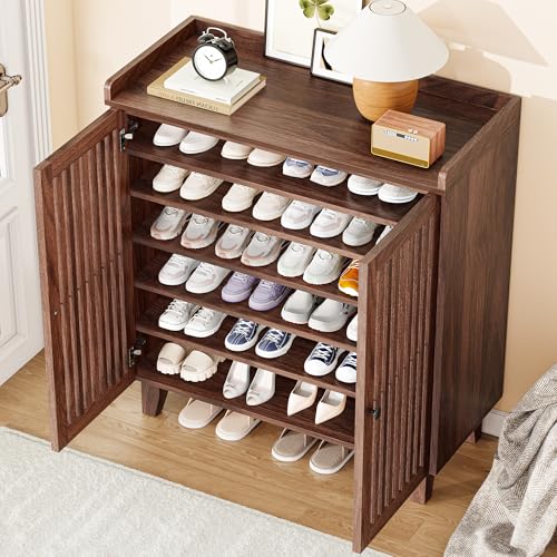 IRONCK Shoe Cabinet with Slatted Doors, 6-Tier Shoe Storage Cabinet with Adjustable Shelves, Wooden Shoe Rack Organizer for Entryway, Hallway, Closet, Living Room, Walnut IRONCK