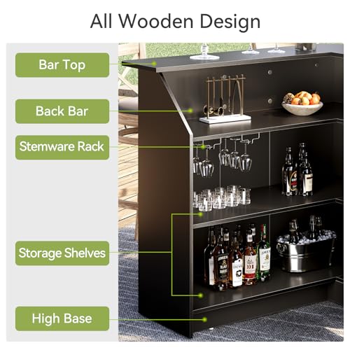 LITTLE TREE Black Bar Cabinet, 4-Tier Home Mini Bar Cabinet with Stemware Rack, Freestanding Wooden Storage Cabinet, Modern L-Shaped Liquor Table Cabinet for Living Room, Dining Room LITTLE TREE