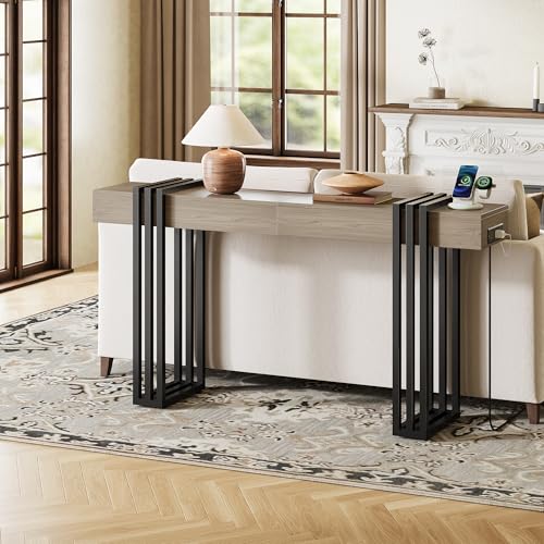 Curlaky 63" Long Console Table for Entryway - Behind Couch Table for Living Room, Wood Sofa Tables with Black Parallel Metal Frame & Power Outlet for Hallway, Entrance, Narrow Foyer, Light Walnut Curlaky
