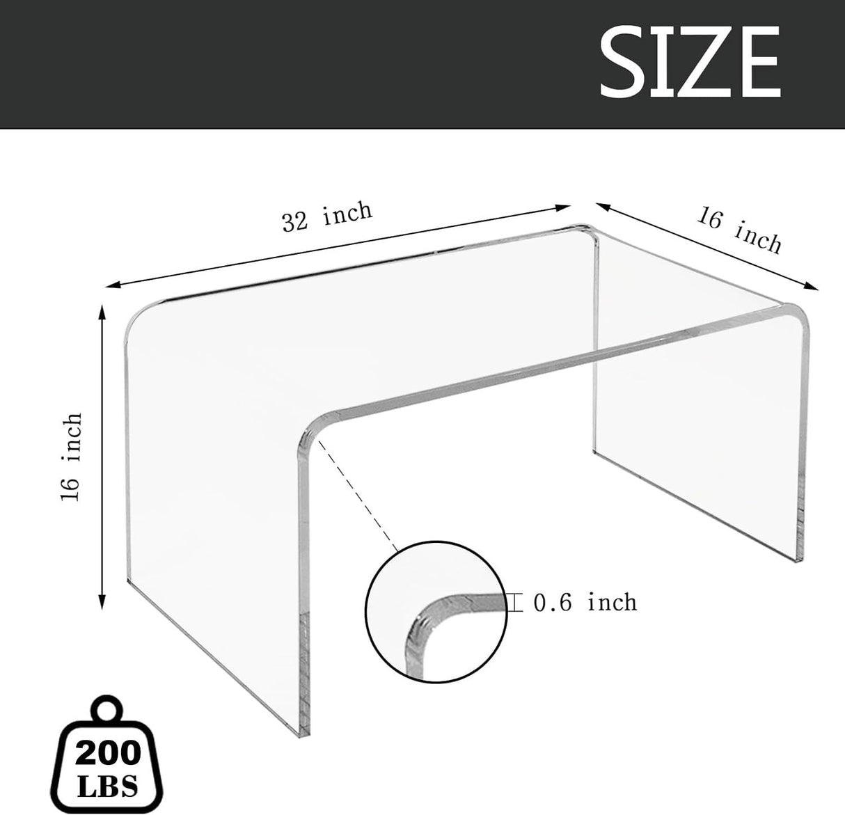 VDGPWA Premium Acrylic Coffee Table, 32" L*16" W *16" H, 3/5" Thick Clear Coffee Table for Living Room, Rectangle Lucite Coffee Table Modern Waterfall Coffee Table Acrylic Furniture VDGPWA