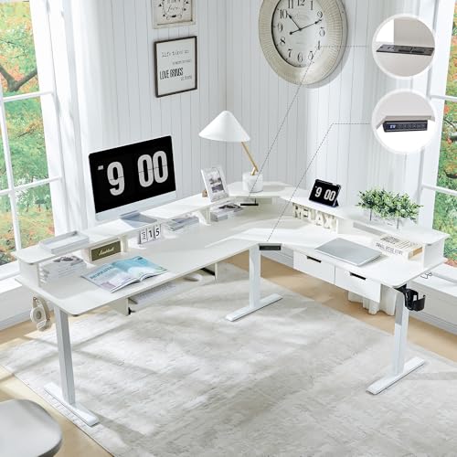 RedLemon 75X60 Inches L Shaped Electric Standing Desk, Height Adjustable Corner Gaming Desk with Drawers, Keyboard Tray, Power Outlets & LED Lights, Computer Desk with Monitor Shelf, Antique White RedLemon
