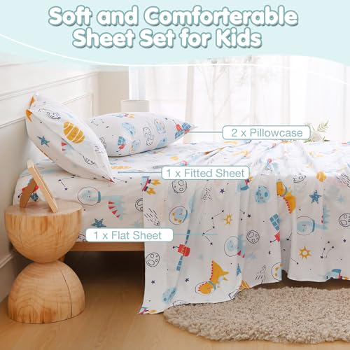 CIMVI Full Size Sheet Sets Kids Spcace Dinosaur Bed Sheets for Boys 15-Inch Deep Pocket Fitted Sheet Soft Breathable Microfiber Bedding Sets with Pillowcases 4 Pieces CIMVI