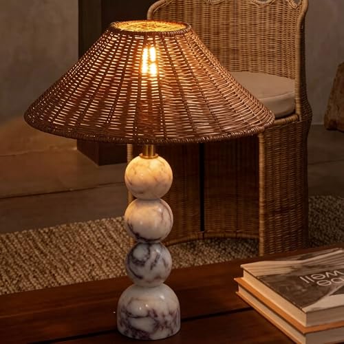 Calacatta Marble Stacked Ball Table Lamp - Hand-Woven Rattan Shade, 15" Stone Margot Artistic Vintage Lamp Luxury for Bedroom Living Room, Counter, Console, Entryway, Gift (Calacatta Viola Marble) BSOD