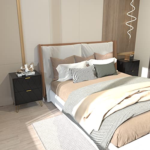 Anbuy Black Nightstand Set of 2 with Gold Handle, Bedside Table with 2 Drawers, Night Stands Set of 2 Gold Legs for Bedroom Living Room Anbuy