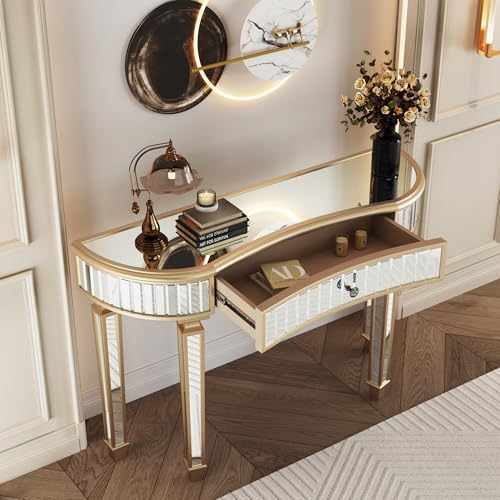 Mcltopz 47" Gold Mirrored Console Table, Half-Moon Sofa Table with with Fluted Glass & Crystal Knob Drawer, Modern Luxury Entryway Vanity Desk Mirrored Furniture with Sturdy Wooden Frame for Bedroom Mcltopz