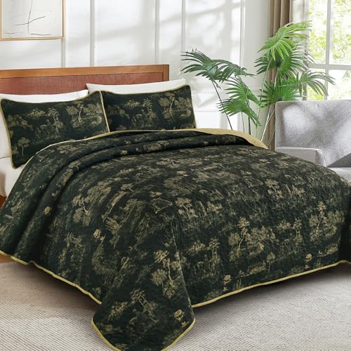 Drucon Black Farmhouse Quilt Set King Size, Toile Rustic Bedspreads, 3 Pieces Village Landscape Printed Coverlet, Soft Microfiber Quilt Bedding Set for All Season (106x90 Inch) Drucon
