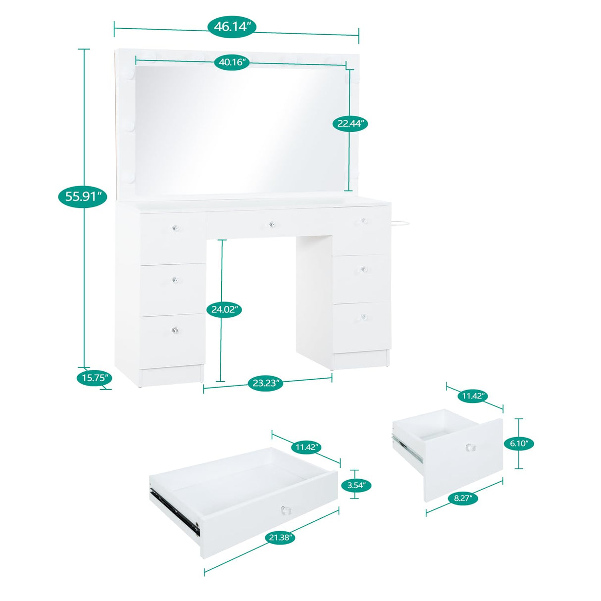 Naomi Home Vera Makeup Vanity with 11 Lights, Vanity Desk with Power Outlet, Makeup Vanity Table with 7 Drawers, Large Mirror, Dressing Vanity Table for Bedroom - White, with Stool Naomi Home